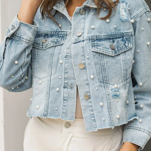 Jackets & Blazers - #04 Cropped Denim Jacket with Pearls